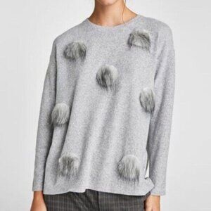 ZARA W & B Collection Long Sleeve Sweater Size Medium Furry Polka Dots Gray